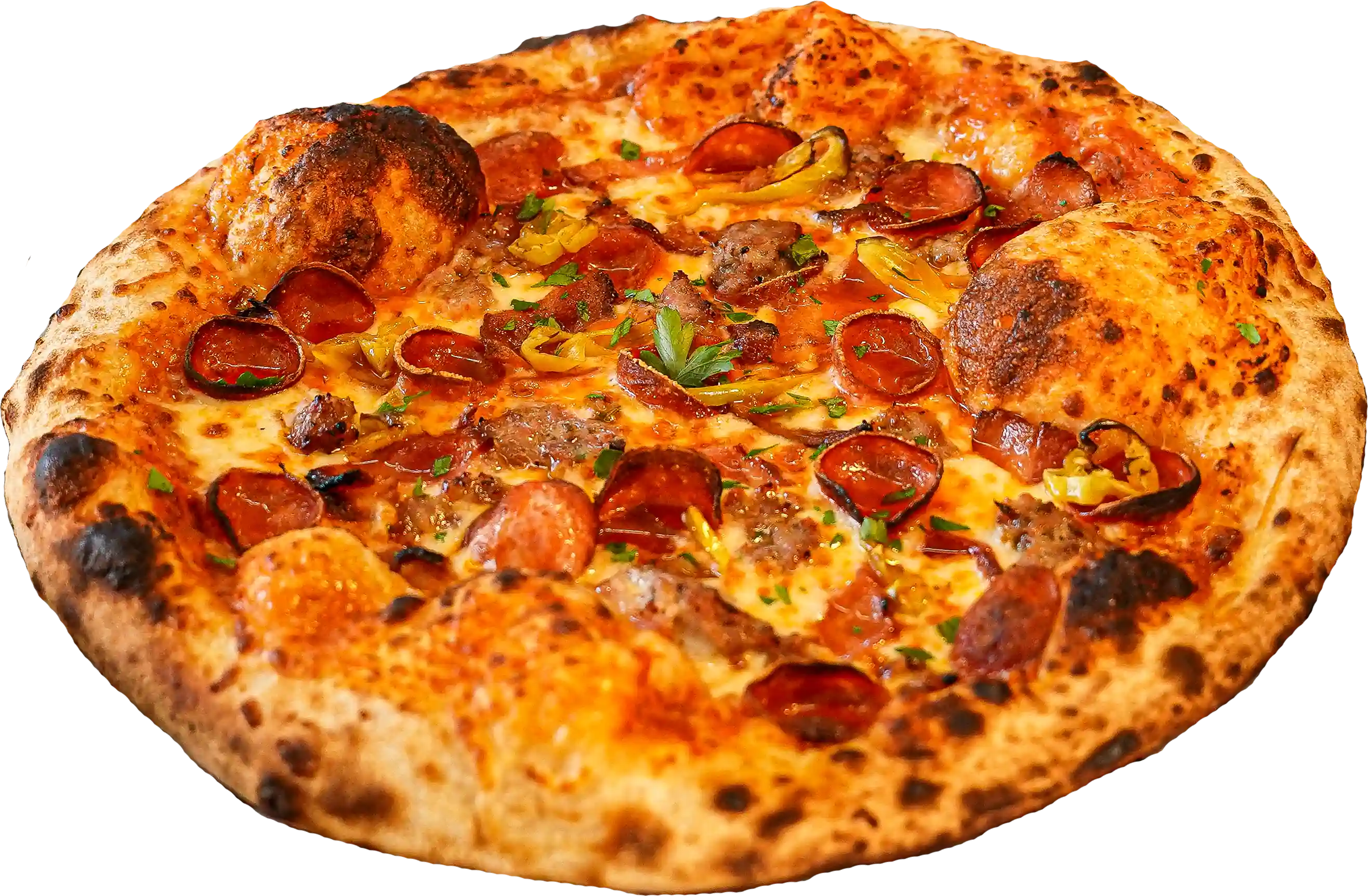 CARNE PICCANTE pizza - Red sauce, mozzarella, pepperoni, Italian sausage, bacon, and pepperoncini peppers.