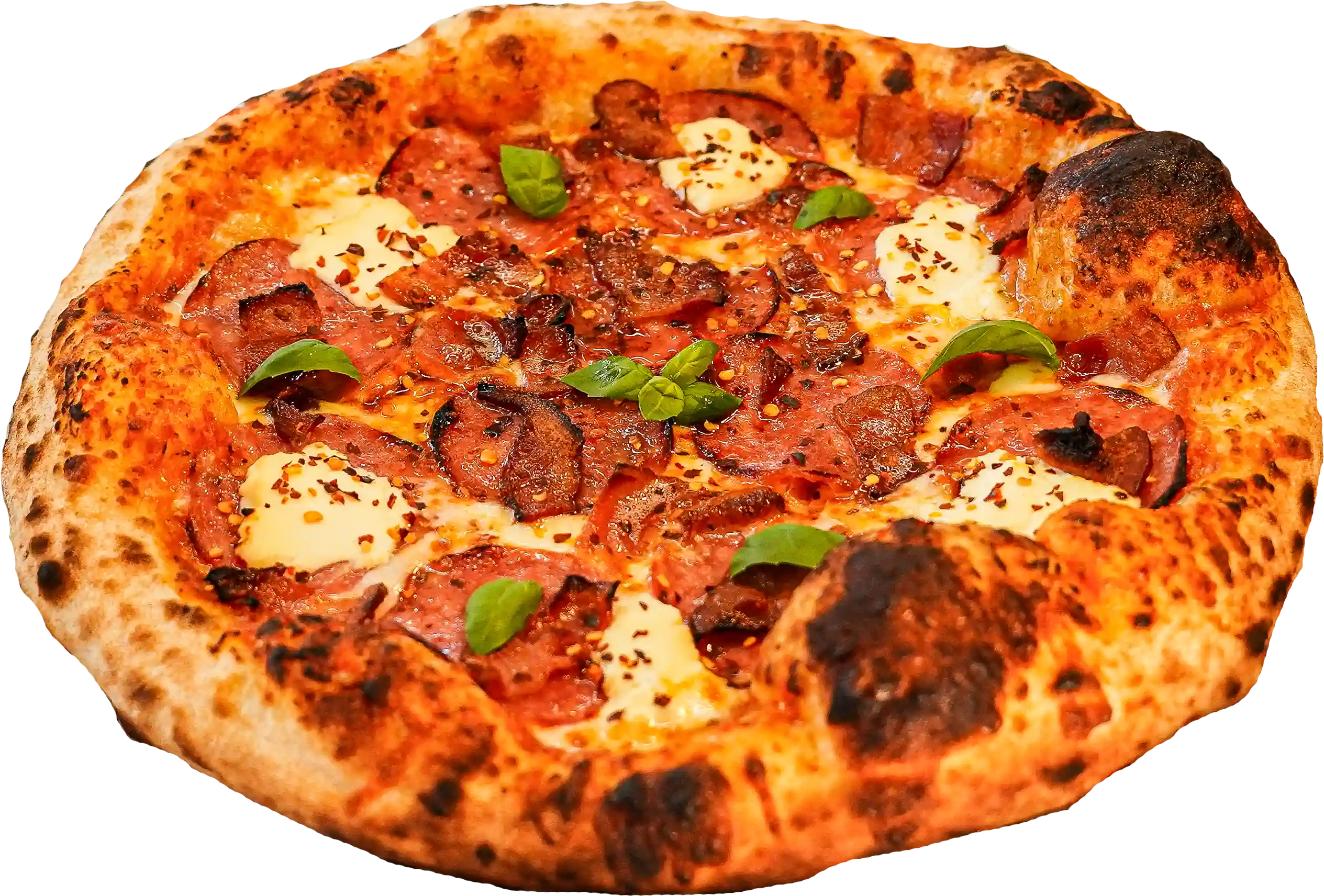 FIGGY PIGGY pizza - Red sauce, mozzarella, salami, bacon, ricotta, hot fig honey, red pepper flakes, and fresh-picked basil.