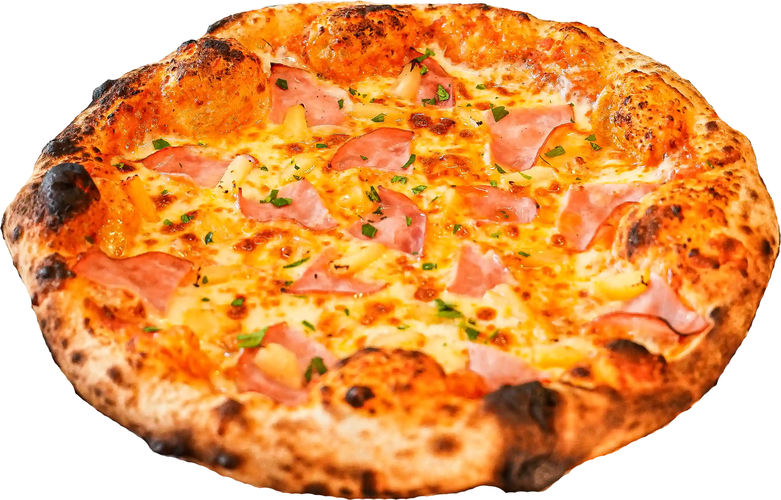 HAWAIIAN pizza - Red sauce, mozzarella, Canadian bacon, and pineapple.