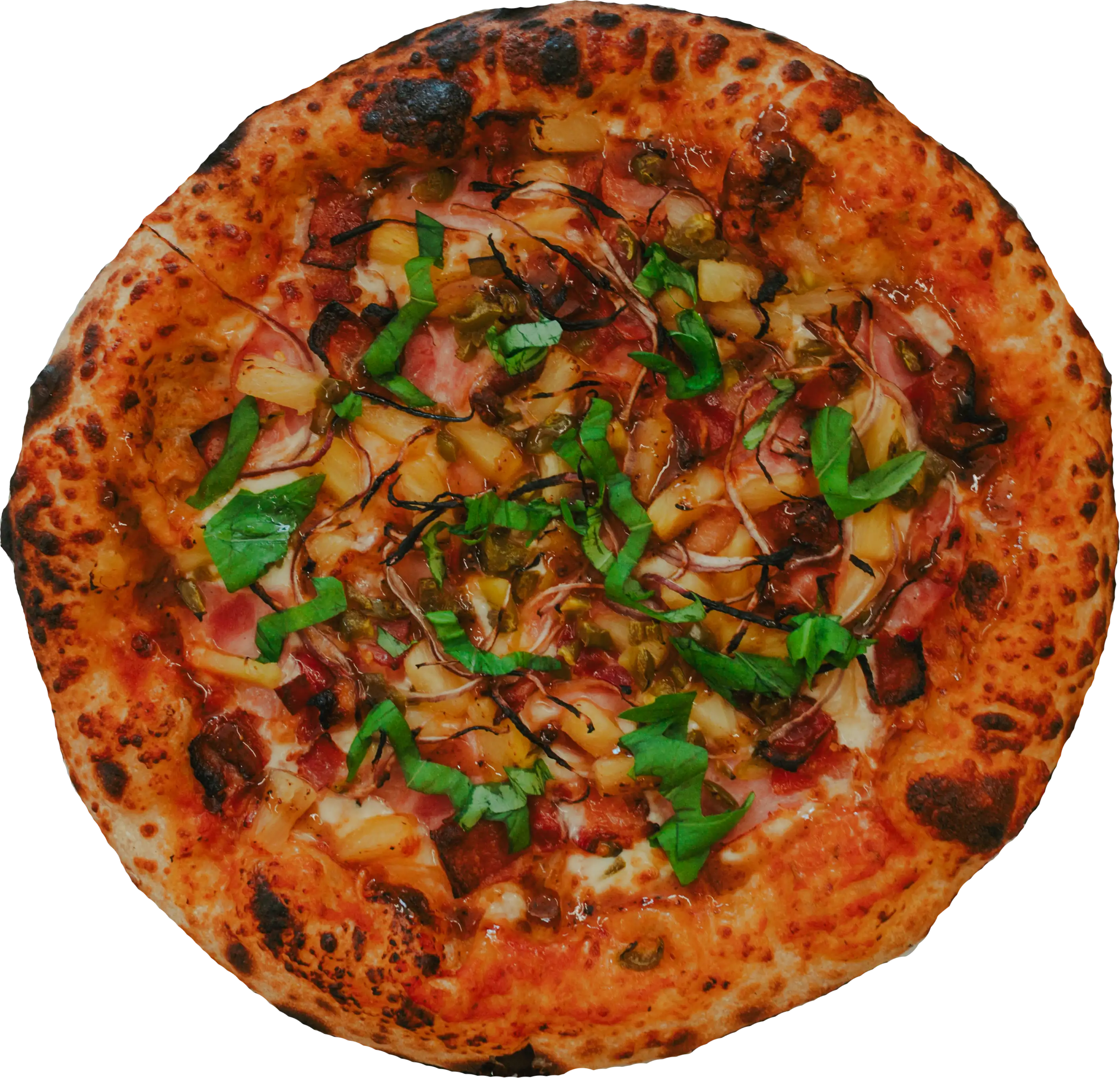 THE LUAU pizza - Red sauce, mozzarella, Canadian bacon, bacon, pineapple, jalapeños, and red onion, topped with fig honey and basil.