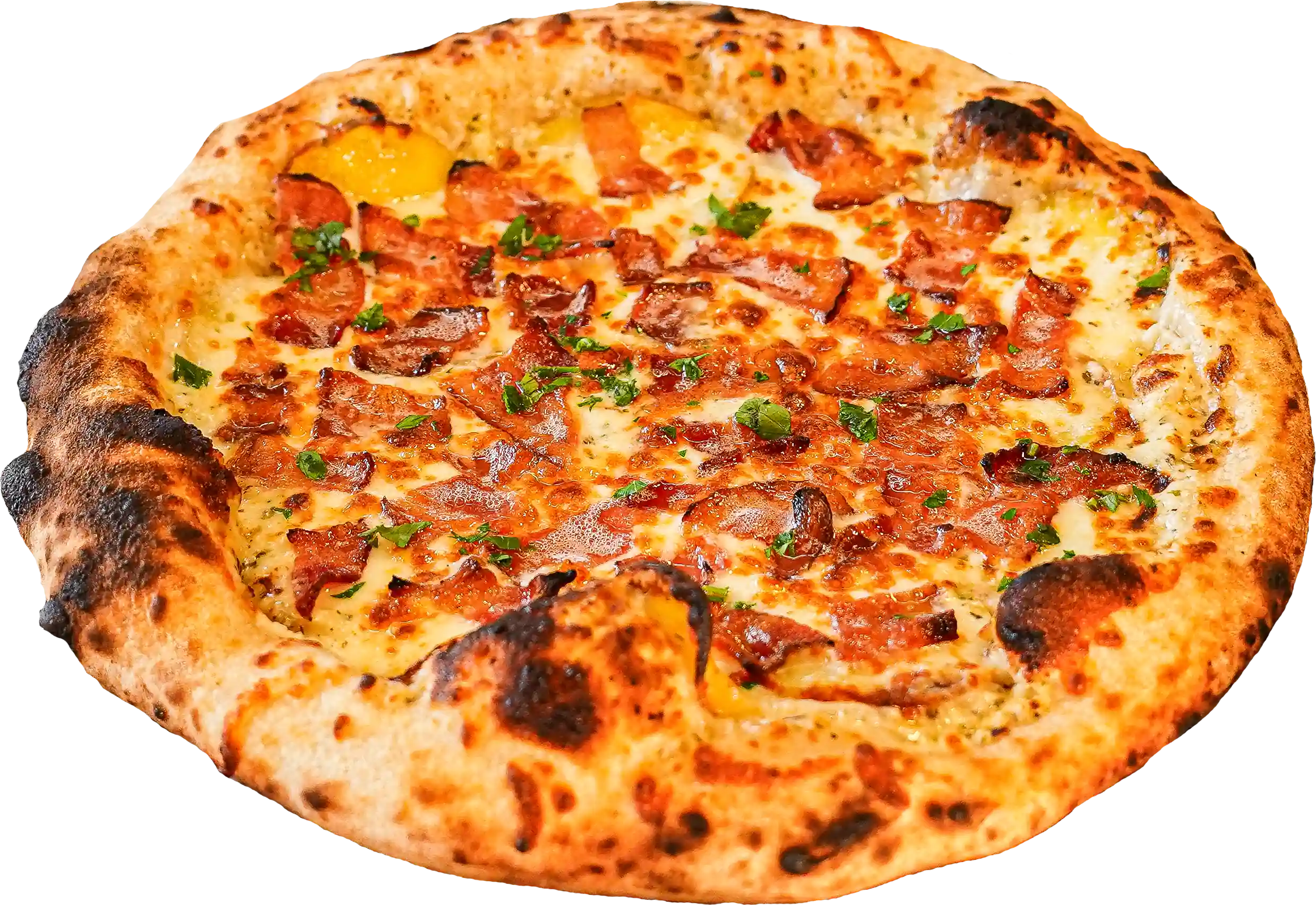 POTATO BACON pizza - White sauce, mozzarella, thinly sliced potatoes, and crispy bacon.