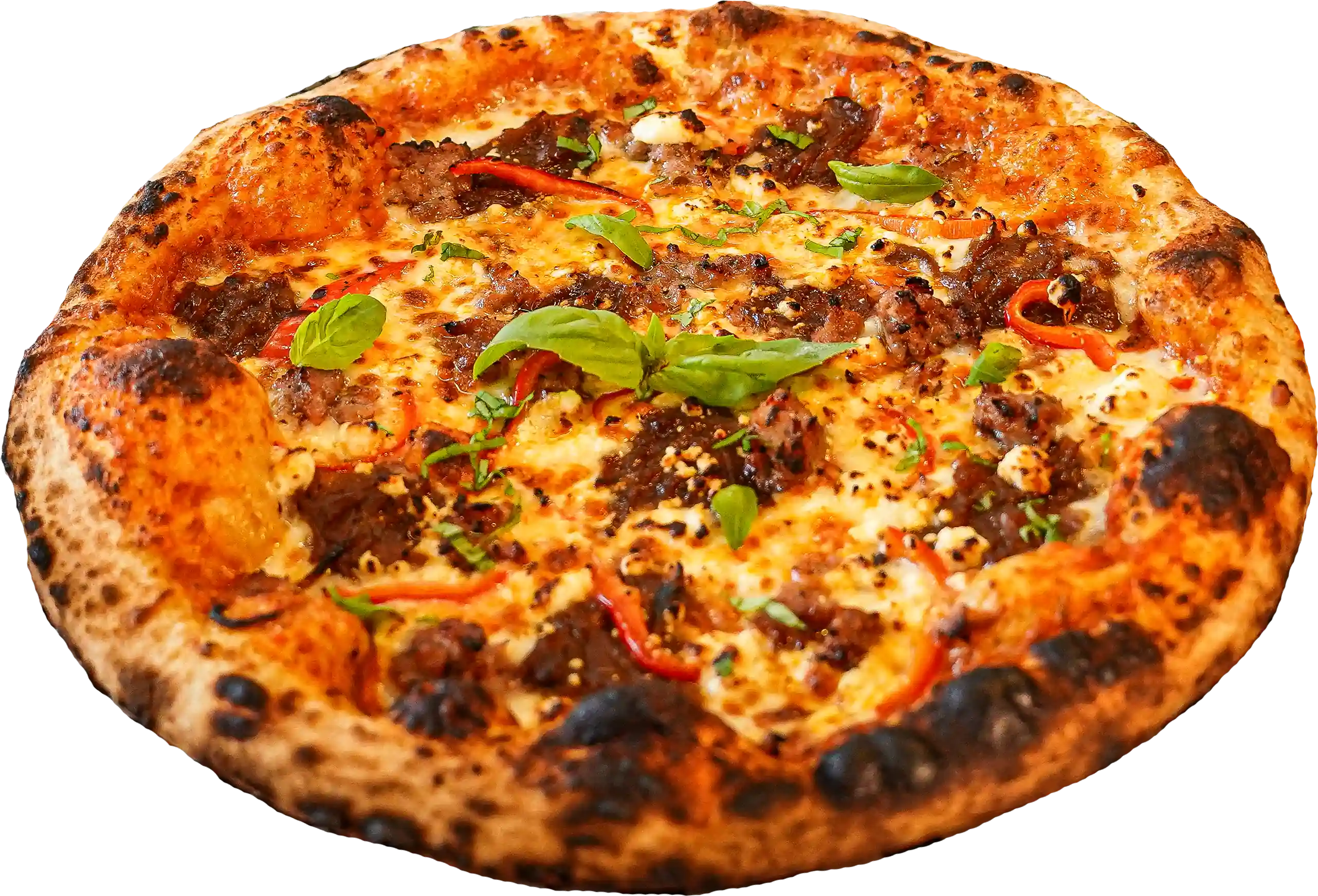 SAUSAGE & ONION pizza - Red sauce, mozzarella, Italian sausage, caramelized onions, red bell pepper, goat cheese, and basil.